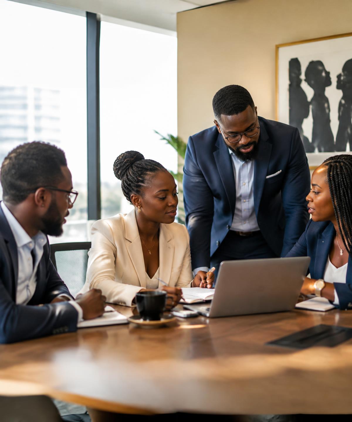 A team of African business professionals collaborating around a boardroom table